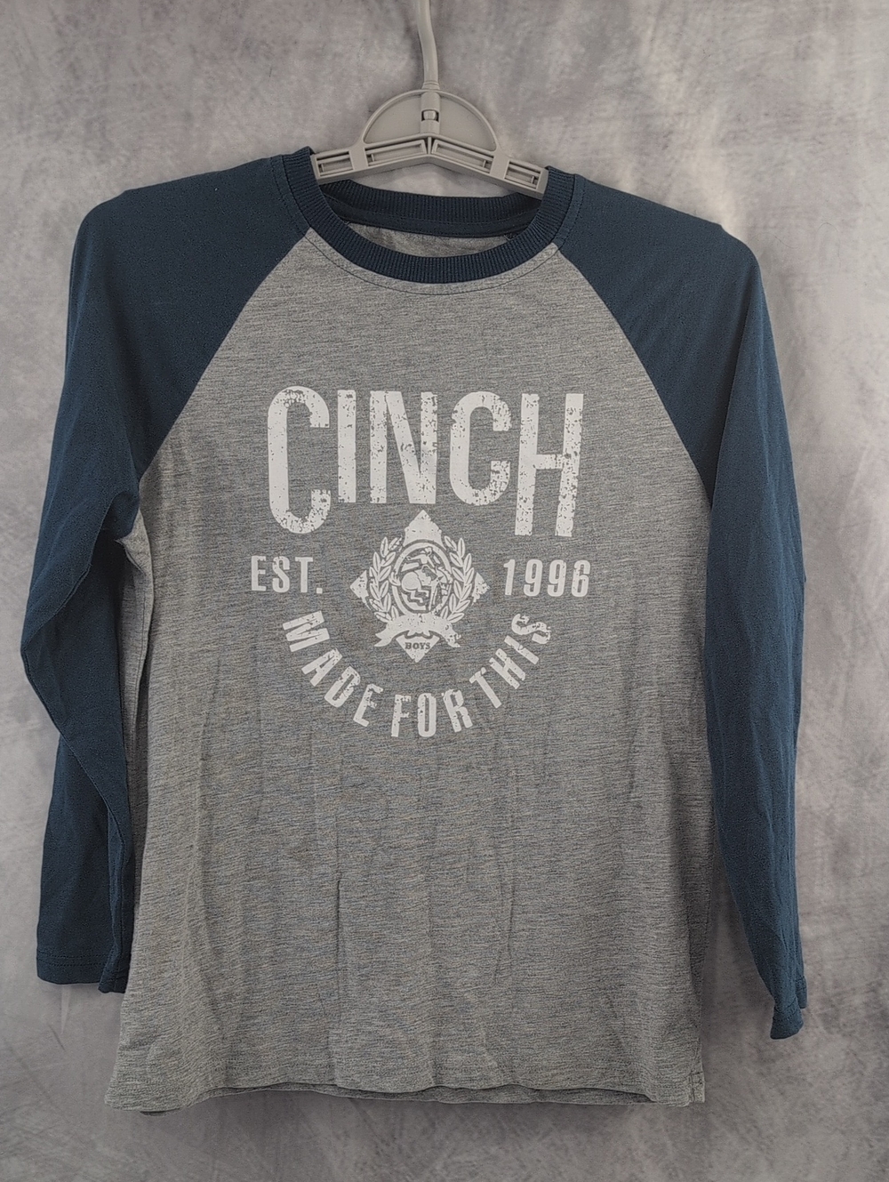Cinch Boys Medium (10) Long Sleeve Baseball Raglan Shirt Gray & Navy